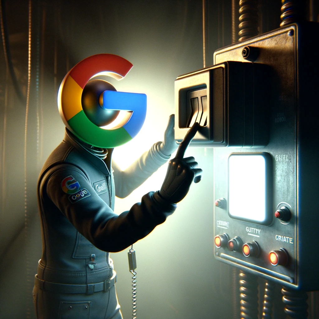 Raumanzug-Figur mit Google-Logo am Schaltpanel.